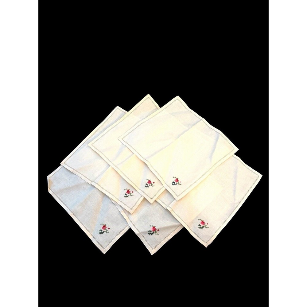 Vtg Set of 6 Floral Design Linen Cross Stitch Hand Embroidered Formal Napkins